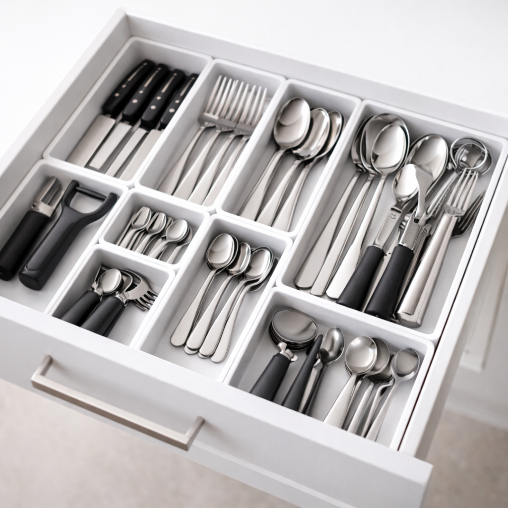 Cajón de cubiertos organizado con sistema modular