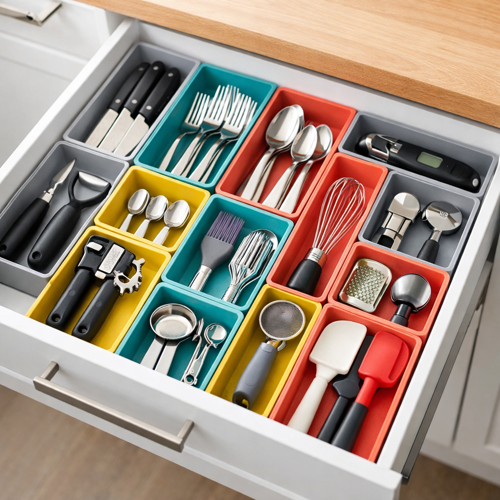 Cajón de cocina organizado con sistema modular 3D